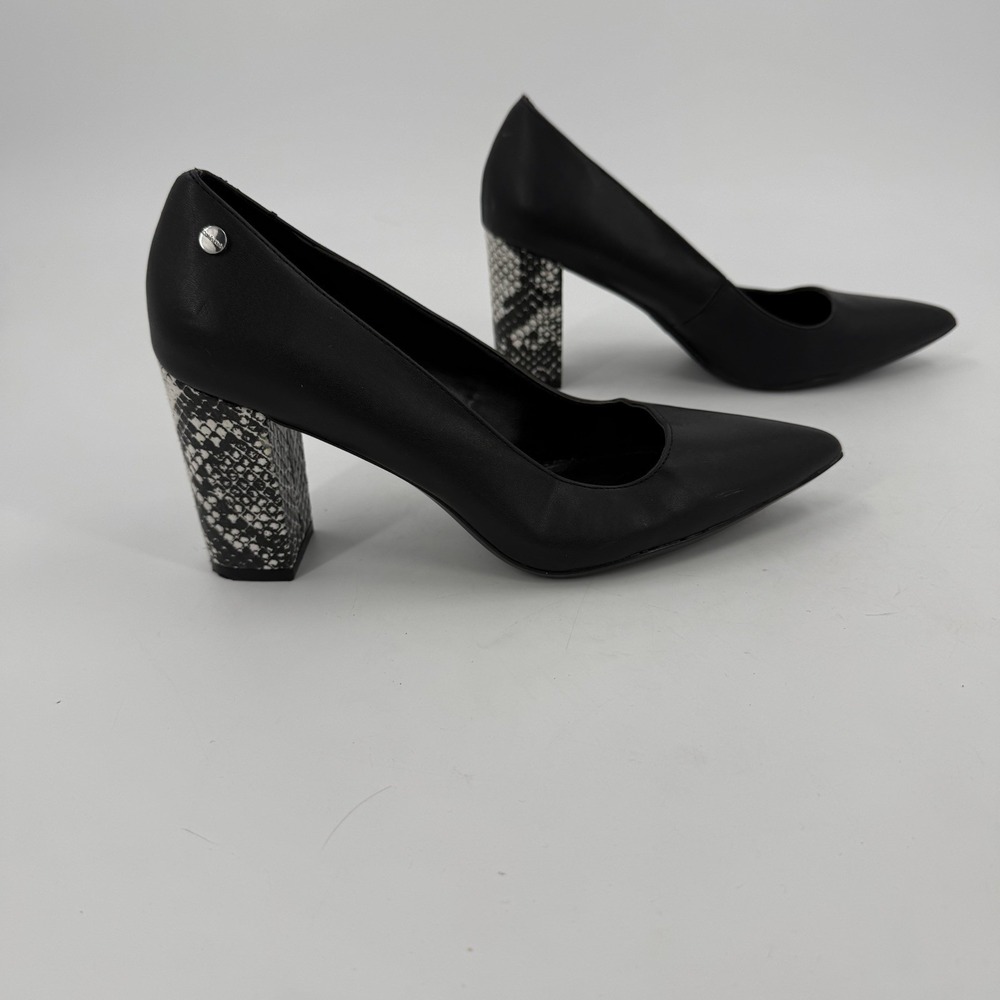 Calvin Klein Black Pointed Toe Pumps Snakeskin Block Heel Women's Shoes Sz 7